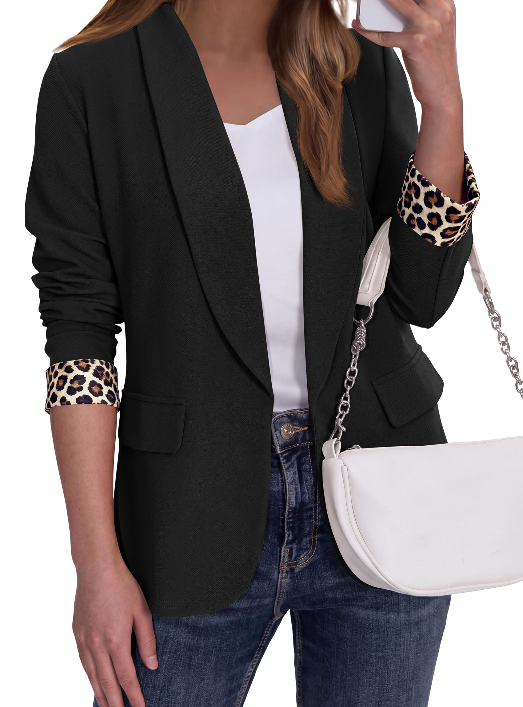 PRETTYGARDEN Women's Business Casual Blazers Suit Jacket | Lapel Loose Fit Blazer, Long Sleeve Open Front Leopard Print Cuffs, Dressy Casual Office Work Clothes, Fall Winter Fashion