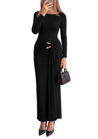 PRETTYGARDEN Women's Long Sleeve Ruched Bodycon Maxi Dress | Wedding Guest Dresses, Twist Knot Waist, Back Slit, Slim Fitted, Formal Wear, Cocktail Holiday Party, Date Night Fall Outfits