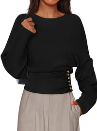 PRETTYGARDEN Batwing Sleeve Sweaters For Women Pullover Fall Clothes						 					  Cozy Ribbed Knit, Single Side Button,  Cinched Waist, Business Casual Work Outfits , 2026 Trendy Fall Winter Fashion Clothing