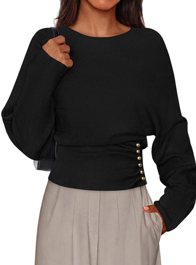 PRETTYGARDEN Batwing Sleeve Sweaters For Women Pullover Fall Clothes						 					  Cozy Ribbed Knit, Single Side Button,  Cinched Waist, Business Casual Work Outfits , 2026 Trendy Fall Winter Fashion Clothing