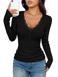 PRETTYGARDEN Women's Lace Trim Ribbed Knit Henley Long Sleeve Shirts Lightweight Button Up V Neck Pullover Tops, Dressy Casual Slim Fit Ladies Blouses, 2026 Early Fall Fashion Y2k Outfits