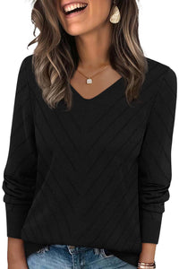 PRETTYGARDEN Long Sleeve V Neck Hollow Out Pullover Sweaters for Women | Chunky Loose Soft Ribbed Knit Classic Fall Tops, Business Casual Work Travel Vacation Daily Wear, Fashion Clothing
