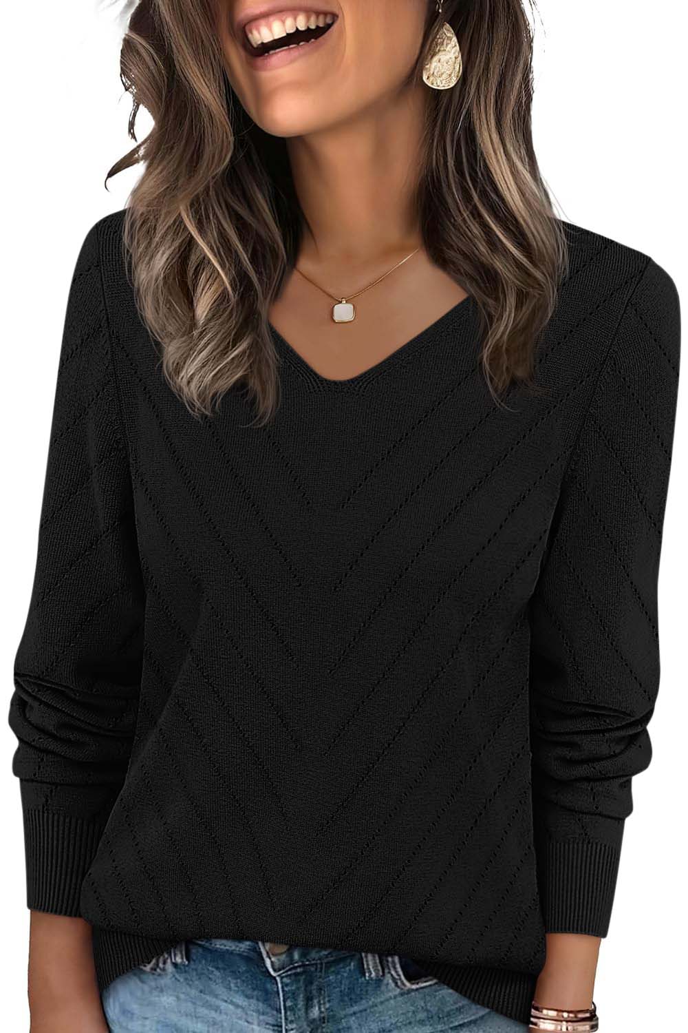 PRETTYGARDEN Long Sleeve V Neck Hollow Out Pullover Sweaters for Women | Chunky Loose Soft Ribbed Knit Classic Fall Tops, Business Casual Work Travel Vacation Daily Wear, Fashion Clothing