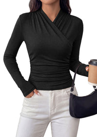 PRETTYGARDEN Womens Long Sleeve Shirts 2026 Fall V Neck Cross Wrap Going Out Top Ribbed Ruched Fitted Business Casual Clothes