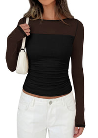 PRETTYGARDEN Women's 2026 Fall Long Sleeve T Shirts Sheer Mesh Boat Neck Ruched Fitted Going Out Summer Tops Fashion Clothing