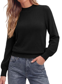 PRETTYGARDEN Womens Fall Mock Neck Long Sleeve Sweater  Soft Stretchy Fabric, V-Shape Knit Pattern, Chic Puff Sleeves, Ribbed Trim Pullover Sweaters, Casual Work Office Outfits