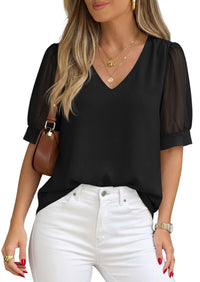 PRETTYGARDEN Womens Tops Dressy Casual Puff Sleeve Chiffon Blouses V Neck Business Work Shirts 2026 Summer Fashion Clothing