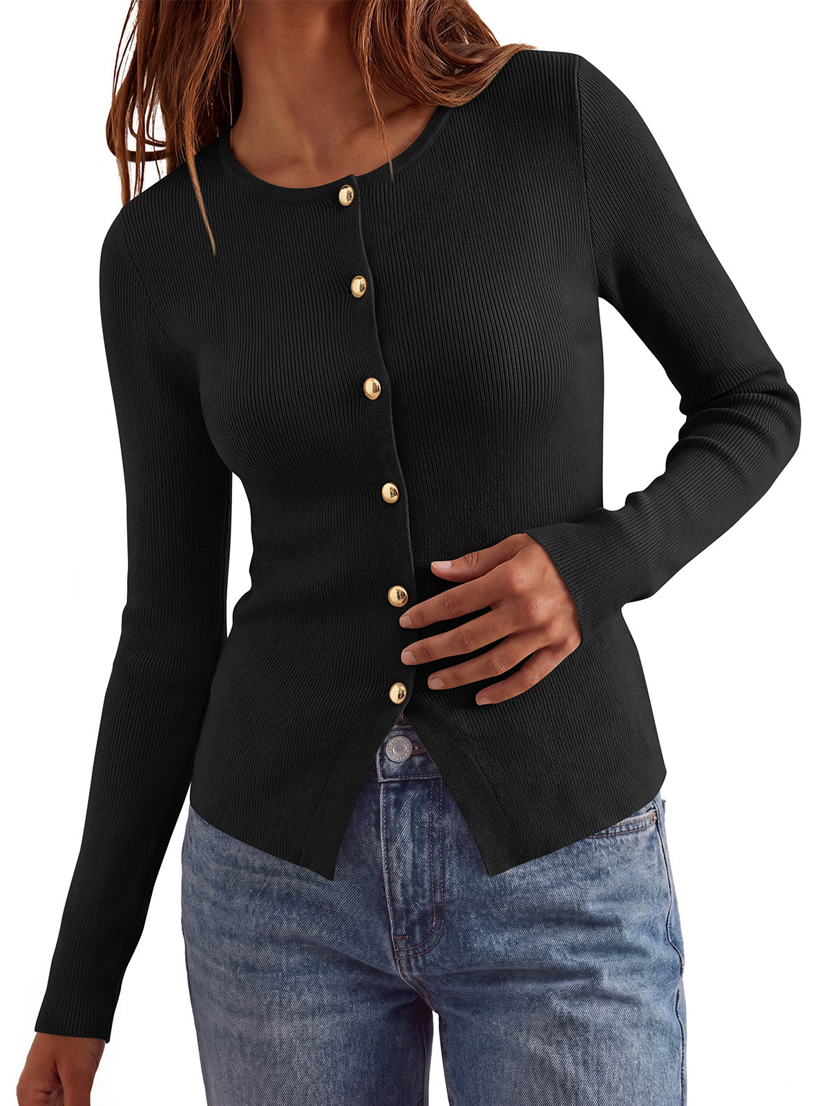 PRETTYGARDEN Long Sleeve Button Front Cardigan Sweaters for Women Fall Tops | Crewneck Ribbed Knit Sweater, Soft Short Cardigans, Business Casual Office Work Tops, Date Night Fashion Clothing Outfits
