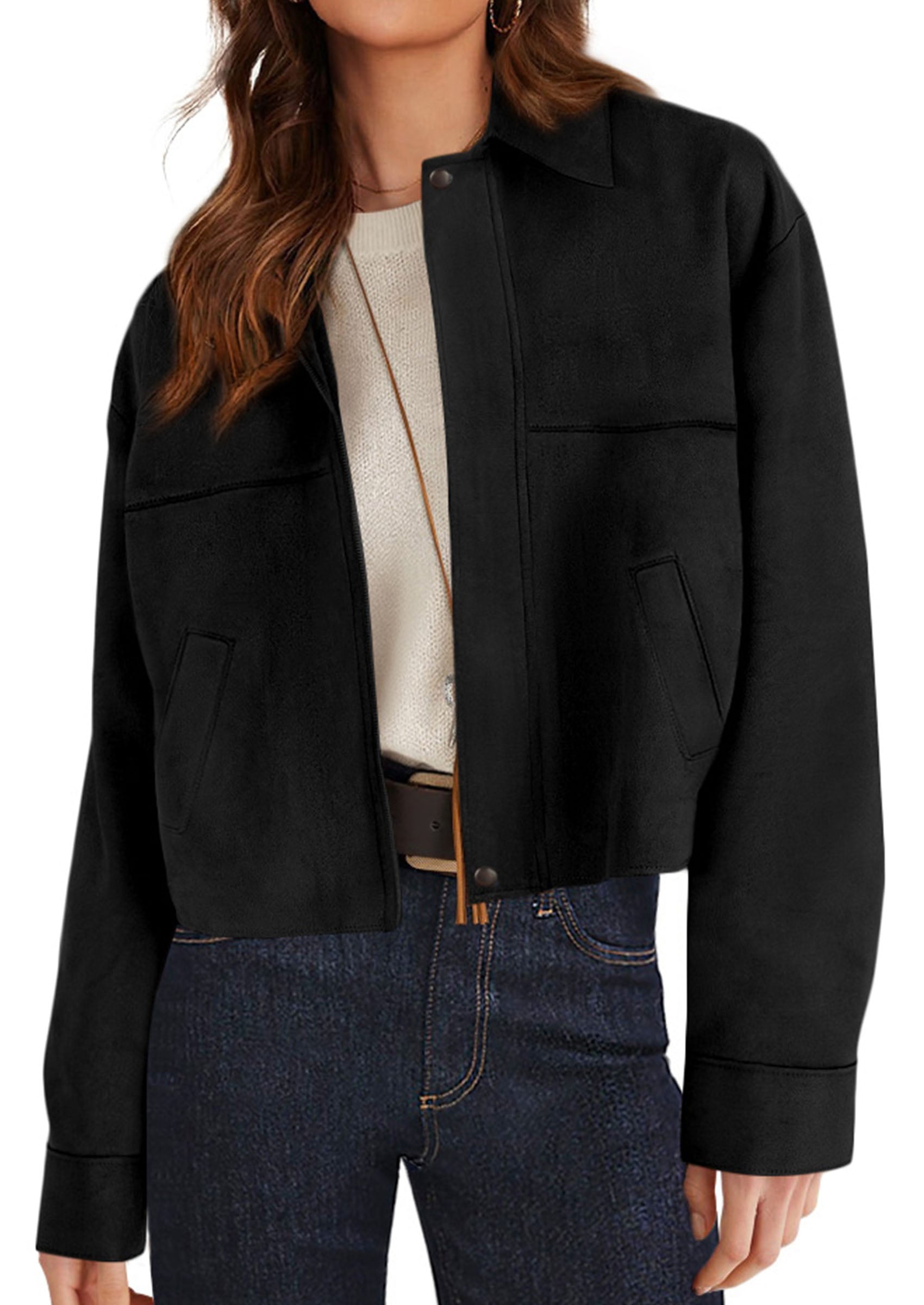 PRETTYGARDEN Women's Faux Suede Cropped Fall Jackets | Soft Zip Up Coats,Classic Lapel Collar,Button Down Shacket,Oversized Casual Outerwear,Trendy Winter Clothes with Pockets