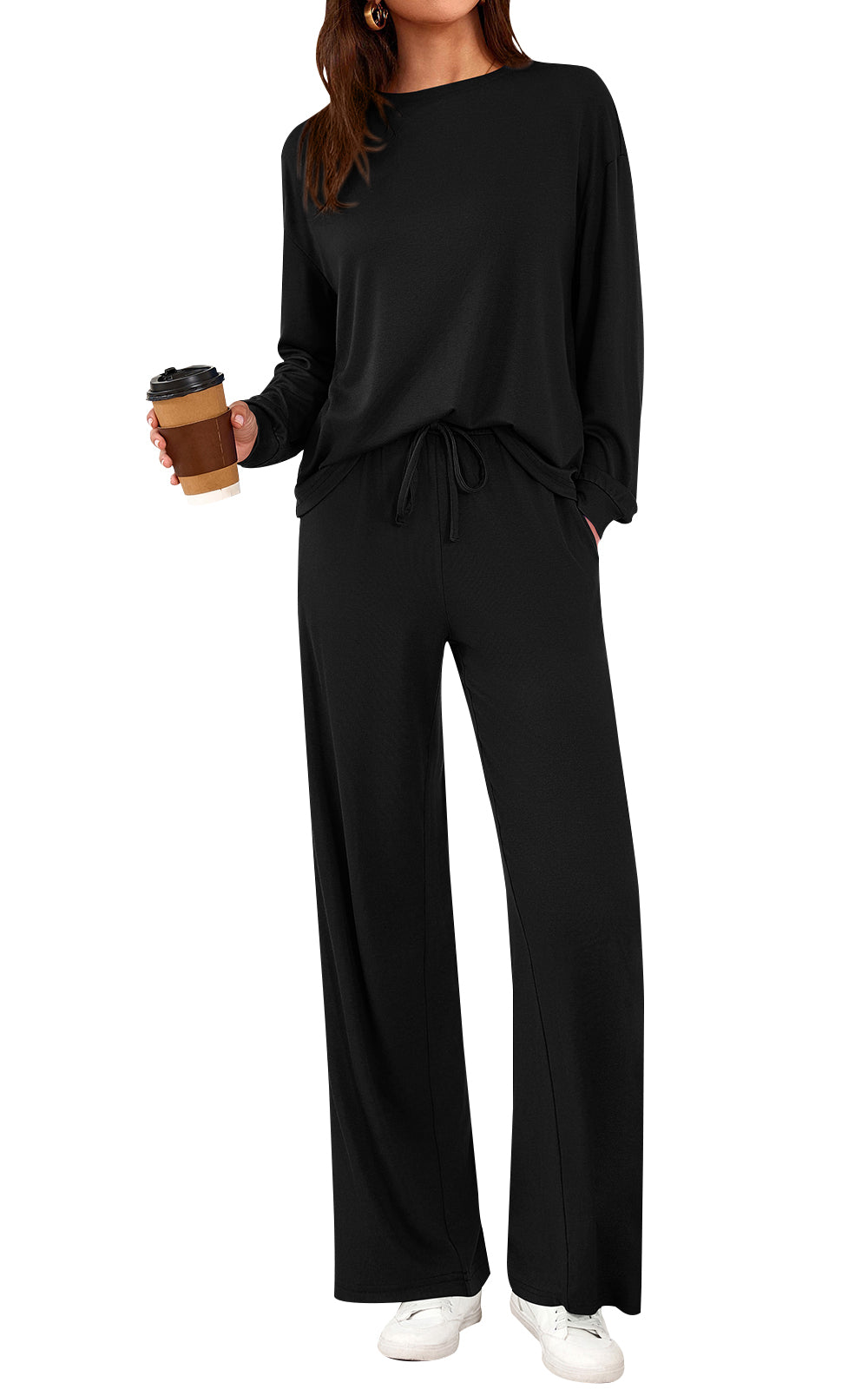 PRETTYGARDEN Womens 2 Pieces Lounge Sets Crewneck Long Sleeve Wide Leg Drawstring Pants Tracksuits Loose Fit Outfits Set