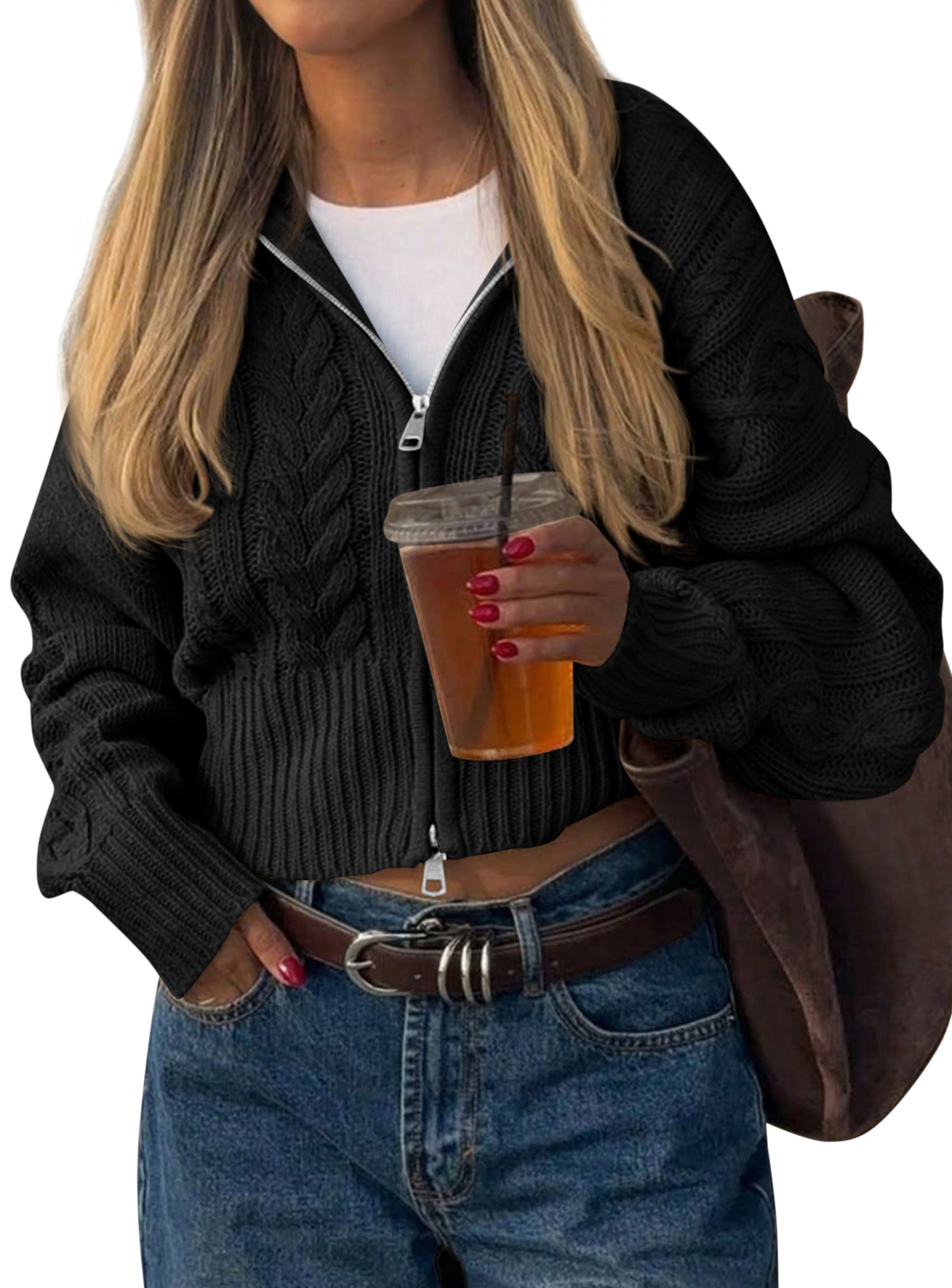 PRETTYGARDEN Women's Cable Knit Cropped Cardigan Sweaters | Oversized Sweater, Long Sleeve Zip Up Jacket, Collared Neck, Ribbed Hem, Cozy Soft Casual Wear, Fall Clothes Winter Outerwear
