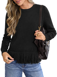 PRETTYGARDEN Womens Crewneck Long Sleeve Fringe Sweaters Pullover Tops Fringed Hemline, Ribbed Knit, Loose Fit, Bohemian Style, Soft Comfy Cute Sweater, Fall Winter Outfits, Casual Daily Wear