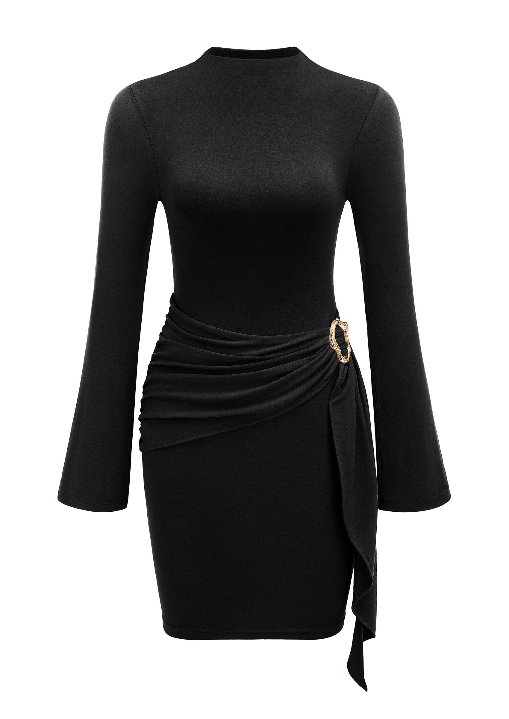 PRETTYGARDEN Women Long Sleeve Bodycon Ruched Mini Dress | Mock Neck Gold Buckle, Slim Fit, Weeding Guest Dress, Elegant Dressy Casual, Cocktail Party Date Night, Fall Winter Outfits