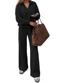 PRETTYGARDEN Womens Sweatsuits 2 Piece Outfits Matching Sets | Wide Leg Sweatpants & Polo V Neck Sweatshirt, Lounge Set, Comfy Airport Travel Outfits, Track suits, Fall Winter Clothes