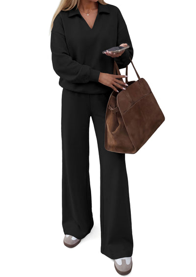 PRETTYGARDEN Womens Sweatsuits 2 Piece Outfits Matching Sets | Wide Leg Sweatpants & Polo V Neck Sweatshirt, Lounge Set, Comfy Airport Travel Outfits, Track suits, Fall Winter Clothes