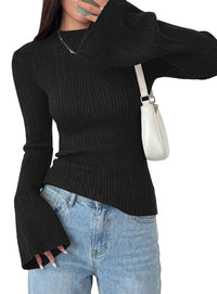 PRETTYGARDEN Sweaters for Women Lightweight Mock Neck Bell Long Sleeve Fitted Tops Ribbed Pullover 2026 Fall Fashion Clothing