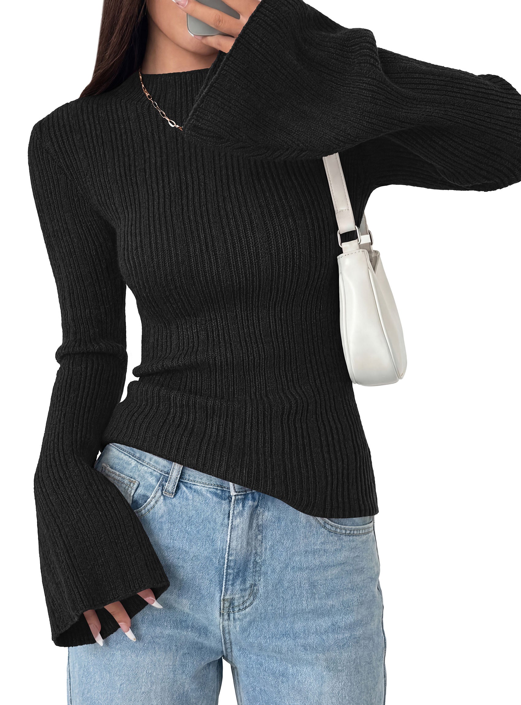 PRETTYGARDEN Sweaters for Women Lightweight Mock Neck Bell Long Sleeve Fitted Tops Ribbed Pullover 2026 Fall Fashion Clothing
