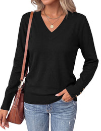 PRETTYGARDEN Fall Sweaters for Women V Neck Lightweight Pullover  Soft Knit Sweater Tops,Long Sleeve,Slit Cuffs with Decorative Button,Work Business Casual Outfits,Layering Winter Clothes