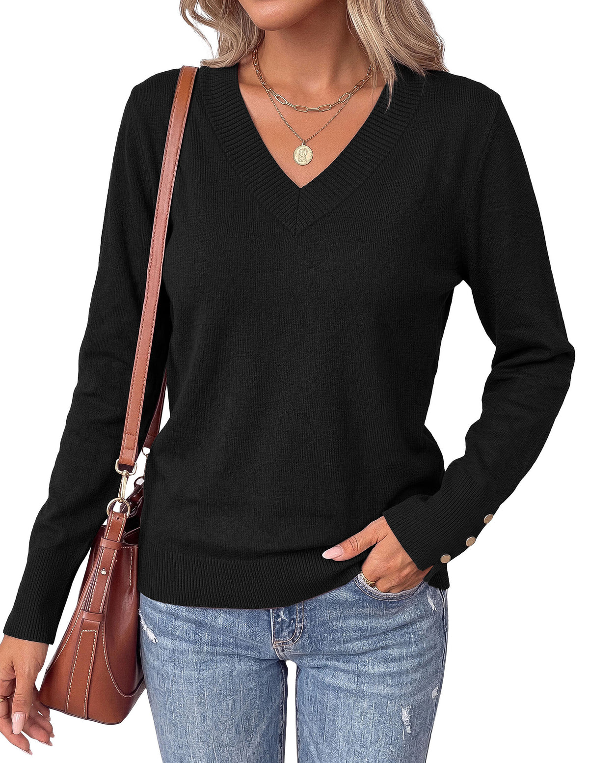 PRETTYGARDEN Fall Sweaters for Women V Neck Lightweight Pullover  Soft Knit Sweater Tops,Long Sleeve,Slit Cuffs with Decorative Button,Work Business Casual Outfits,Layering Winter Clothes