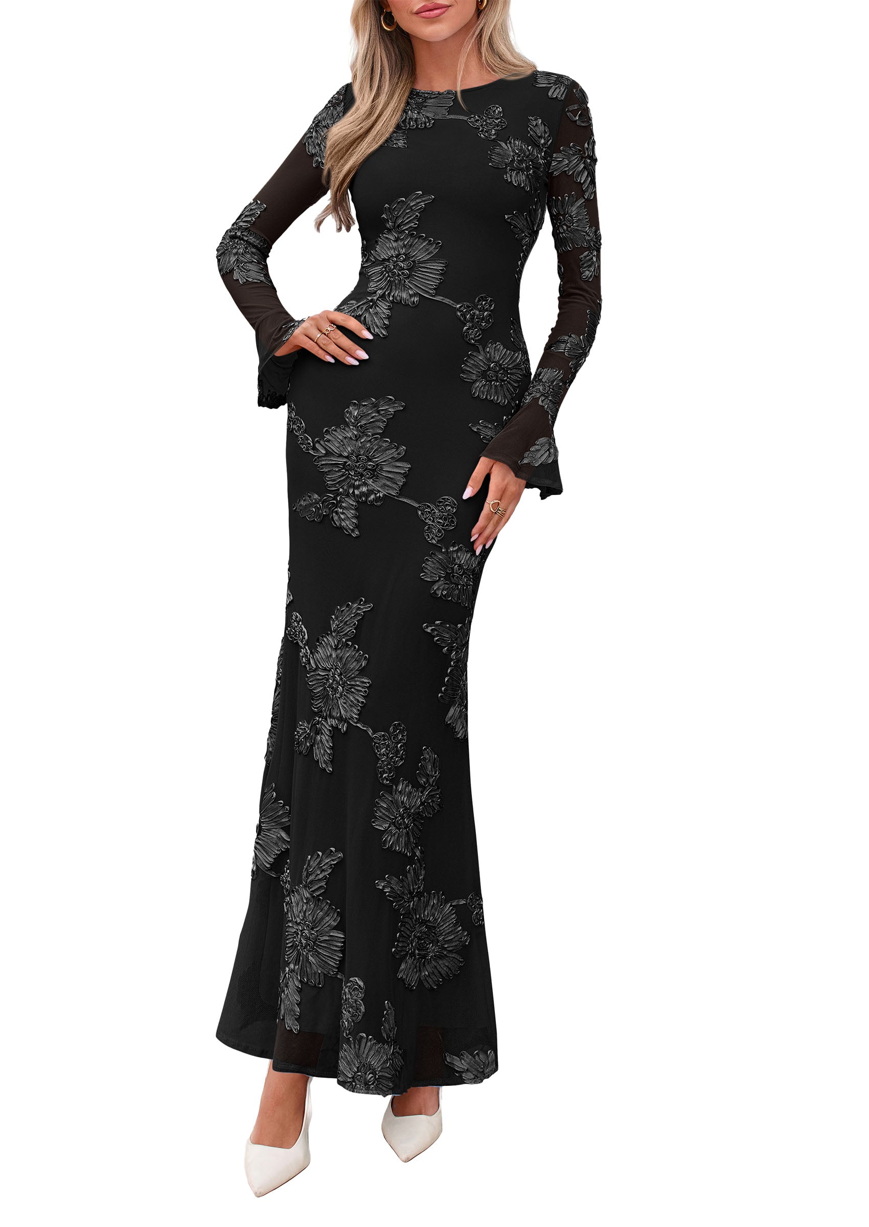 PRETTYGARDEN Women's Formal Floral Maxi Bodycon Dresses  Ruffle Long Sleeve, Fall Winter Outfits 2026 for Wedding Guest, Homecoming & Cocktail, Slimming Mesh Dress with Lining