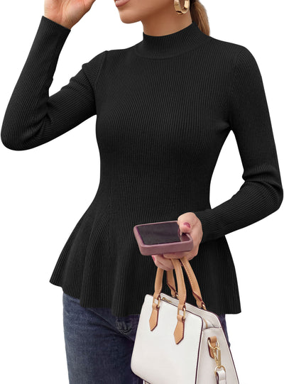 PRETTYGARDEN Womens Fall Mock Neck Long Sleeve Tops Badycon Peplum Sweaters						  Cozy Soft Knit Pullover,Ruffle Hem,Business Casual Work Outfits,2026 Trendy Fall Fashion Clothing,Winter Layering Clothes