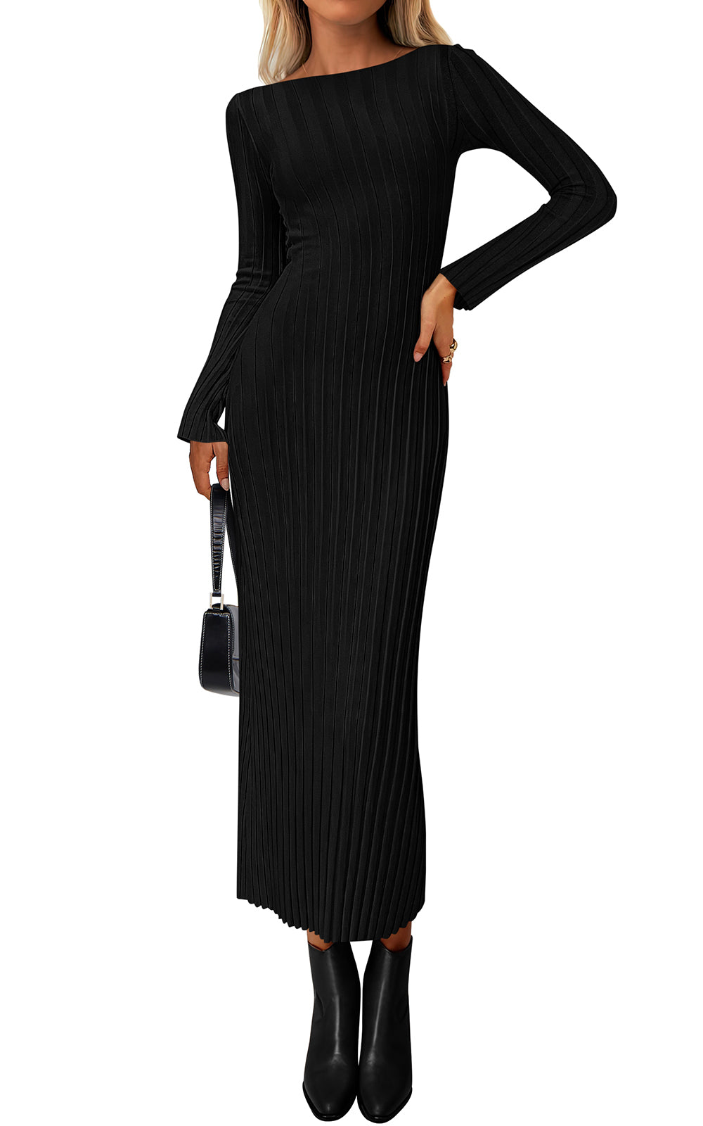 PRETTYGARDEN Womens Sweater Dress Fall 2026 Casual Boat Neck Long Sleeve Pullover Ribbed Knit Bodycon Maxi Sweater Dresses
