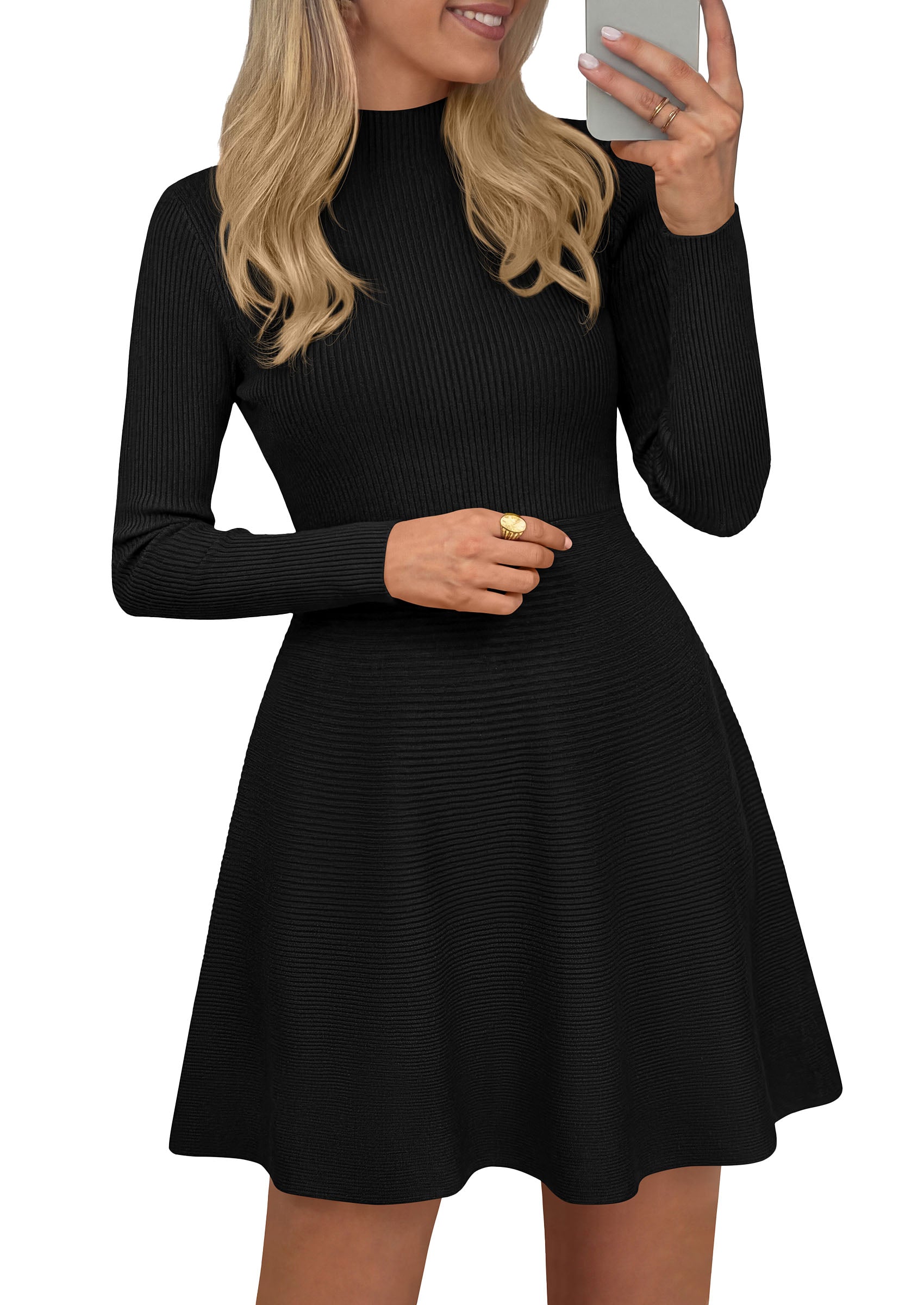 PRETTYGARDEN Womens Mock Neck Long Sleeve Sweater Mini Dress | Soft Ribbed Knit Flared A‑Line, Elegant Fall Winter Dresses for Wedding Guest, Cocktail & Holiday Party Casual Outfits