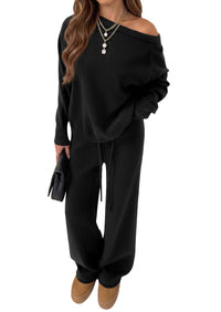 PRETTYGARDEN Lounge Sets Womens Sweaters Two Piece Outfits  Cozy Boat Neck Long Sleeve Tops, Wide Leg Pants with Drawstring, Casual Fall Fashion 2026 Airport & Travel, Knit Matching Set