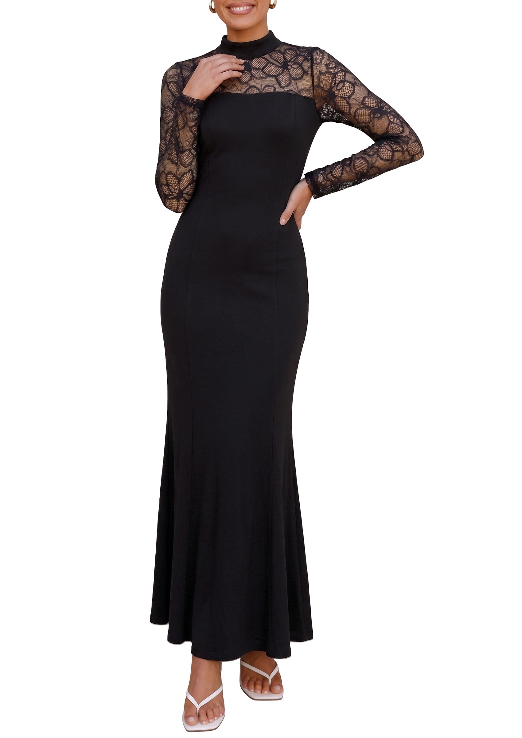 PRETTYGARDEN Women's Fall Lace Sheer Dress Bodycon Maxi Cocktail Dresses  Long Sleeve, Patchwork Mock Neck, Slim Fit, Elegant Mermaid, Semi Formal Outfits for Wedding Guest, Evening, Birthday Party