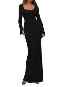 PRETTYGARDEN Women's Fall Long Sleeve Maxi Bodycon Dresses | Soft Stretchy Ribbed Knit, Bell Sleeve Square Neck Mermaid, Elegant Long Dress, Wedding Guest Party, 2026 Winter Clothing