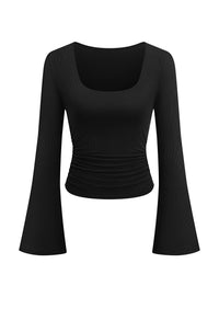 PRETTYGARDEN Womens Long Bell Sleeve Going Out Tops Fall Fashion 2026 Square Neck Ruched Ribbed Shirts Winter Y2K Clothes