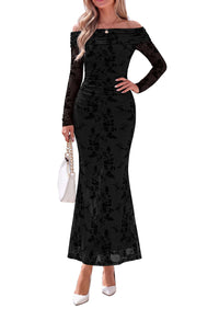 PRETTYGARDEN Womens Off Shoulder Floral Maxi Wedding Guest Dress  Mesh Slim Fit,Elegant Bodycon,Formal Party Cocktail Dress,Bridal Shower Baby Shower,Date Night Outfits,Vacation Long Dresses