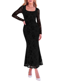 PRETTYGARDEN Women's Long Sleeve Floral Maxi Bodycon Dress  Cocktail Dresses for Wedding Guest, Square Neck, Stretchy Mesh, Elegant Classy, Formal Holiday Party, Fall Date Night Outfits
