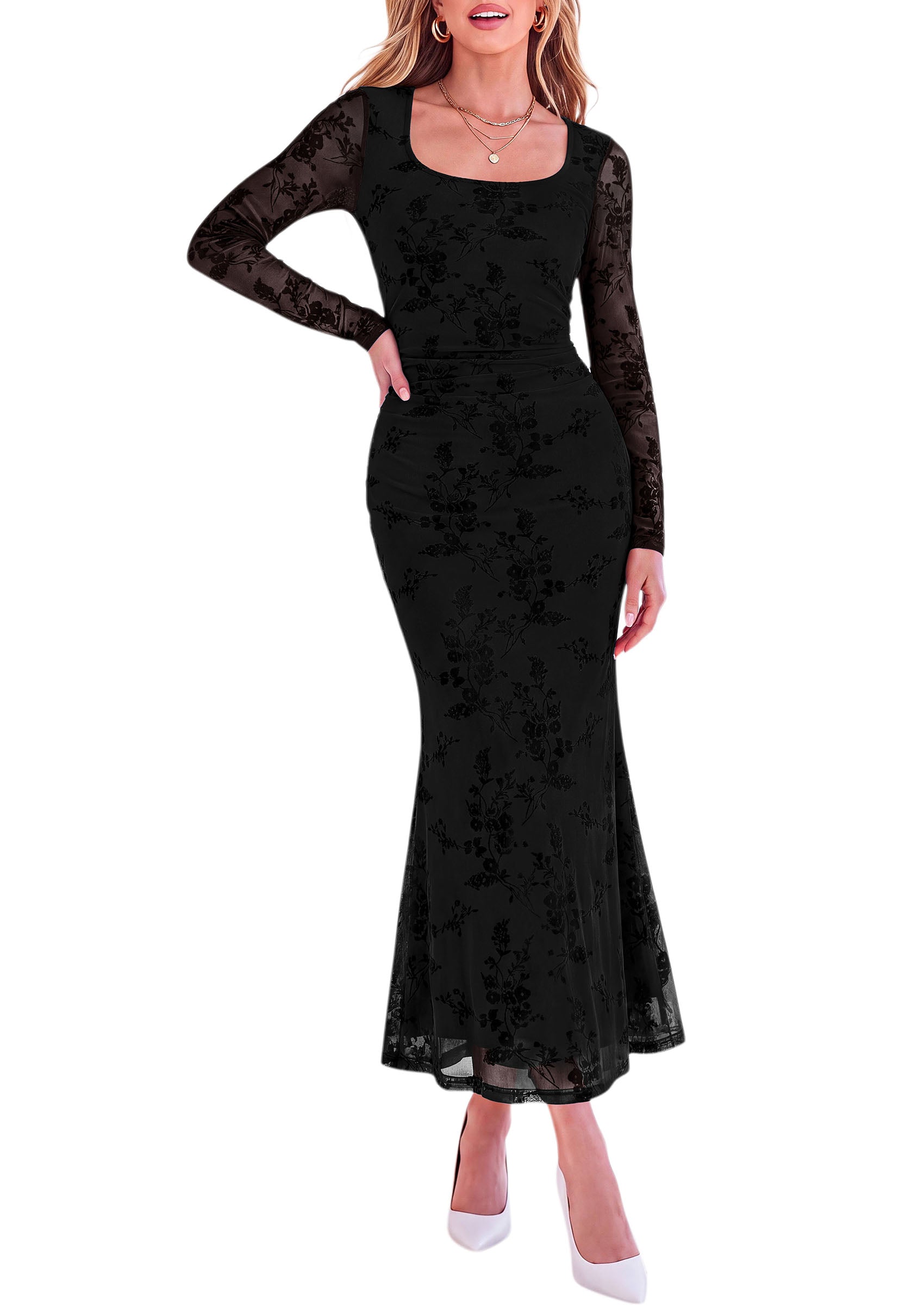 PRETTYGARDEN Women's Long Sleeve Floral Maxi Bodycon Dress  Cocktail Dresses for Wedding Guest, Square Neck, Stretchy Mesh, Elegant Classy, Formal Holiday Party, Fall Date Night Outfits
