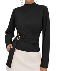 PRETTYGARDEN Women Blouses Fall Dressy Mock Neck Long Sleeve Work Shirts Buckle Belted Tunic Business Casual Tops