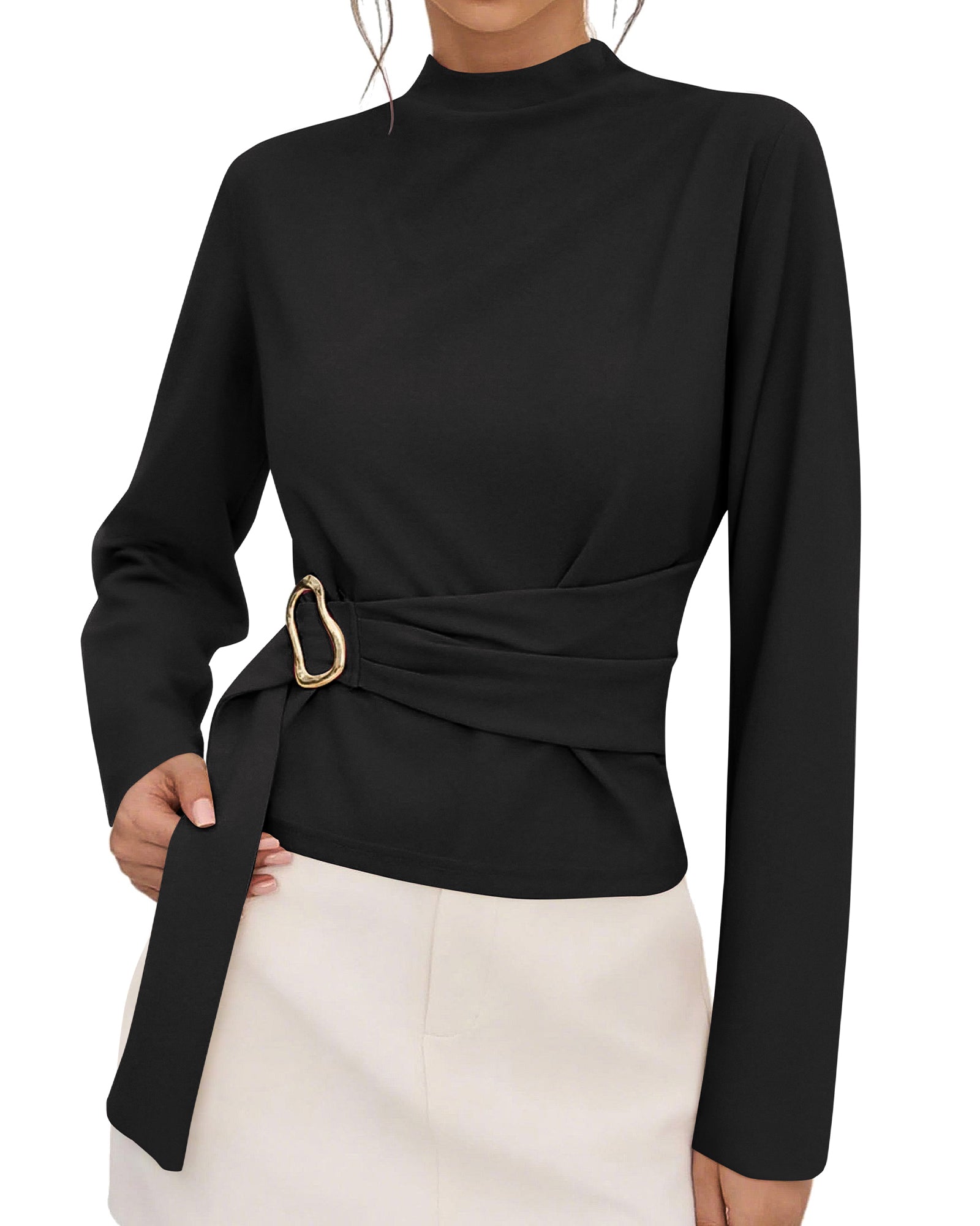PRETTYGARDEN Women Blouses Fall Dressy Mock Neck Long Sleeve Work Shirts Buckle Belted Tunic Business Casual Tops