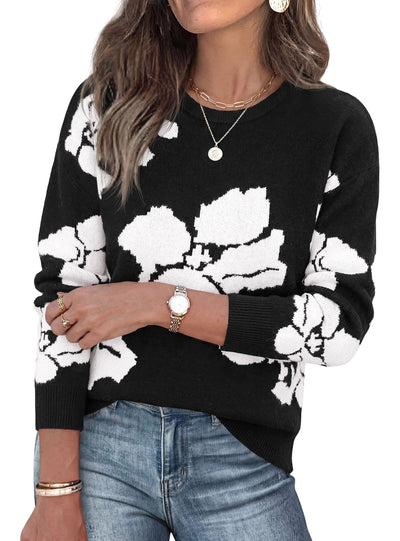 PRETTYGARDEN Womens Floral Sweater Crewneck Pullover Tops | Soft Slouchy Knit Sweater,Casual Long Sleeve,Fall Fashion 2026,Cute Winter Clothes,Work Office Travel Vacation Outfits