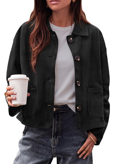 PRETTYGARDEN Faux Suede Casual Cropped Fall Jacket for Women Trendy 2026 Casual Coats Lightweight, Button Front Jackets with Pocket, Business Work Teacher Outfits, Winter Clothes