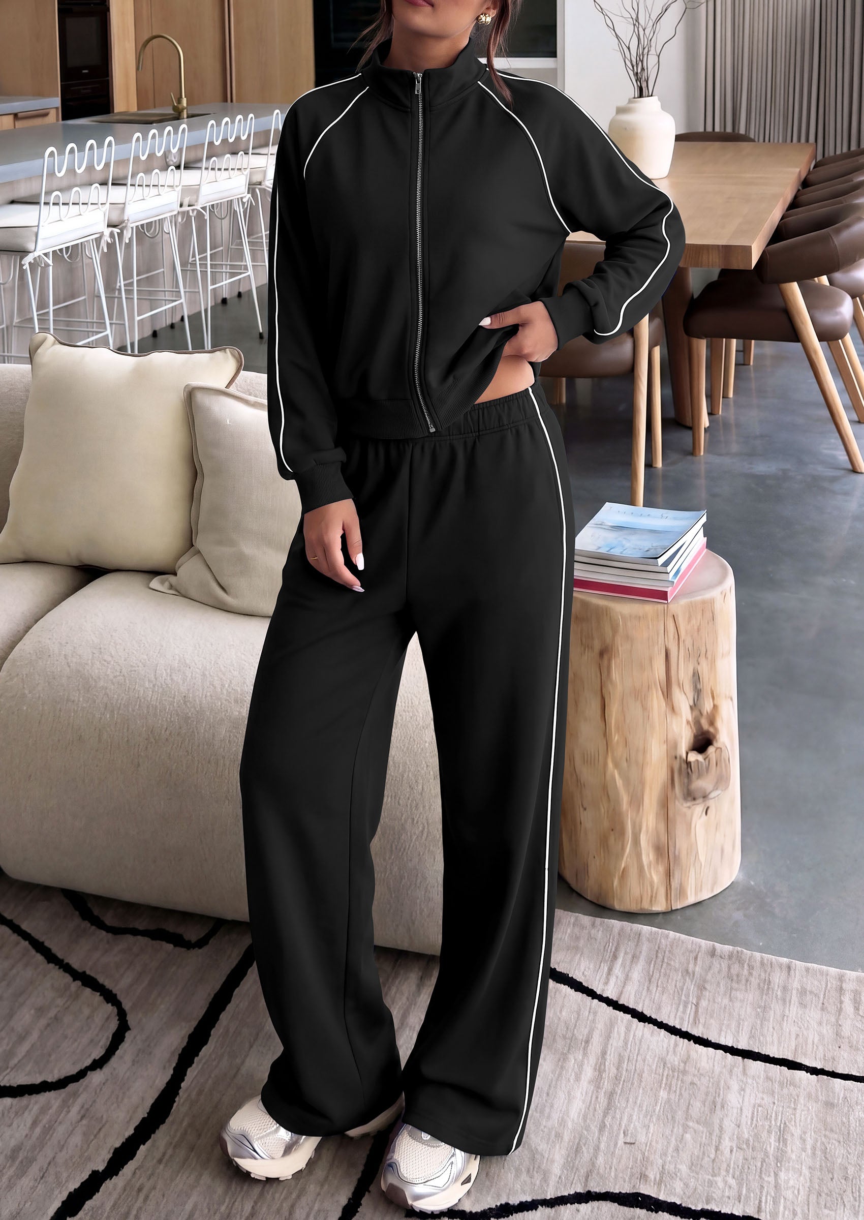 PRETTYGARDEN Women's 2 Piece Sweat Set Casual Fall Outfits | Zip Up Sweatshirt,Wide Leg Pants Sweatsuits,Side Stripes,Matching Lounge Sets,Athletic Wear for Airport,Jogging,Travel,Daily