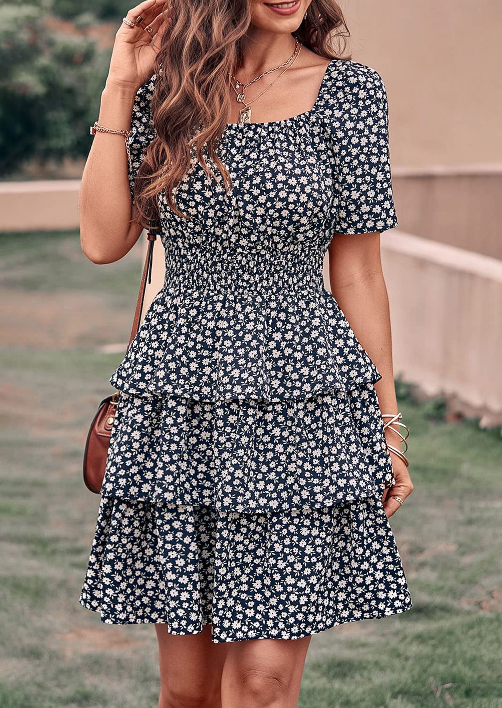 PRETTYGARDEN Women Floral Square Neck Short Sleeve Tiered Ruffle Boho Mini Dresses