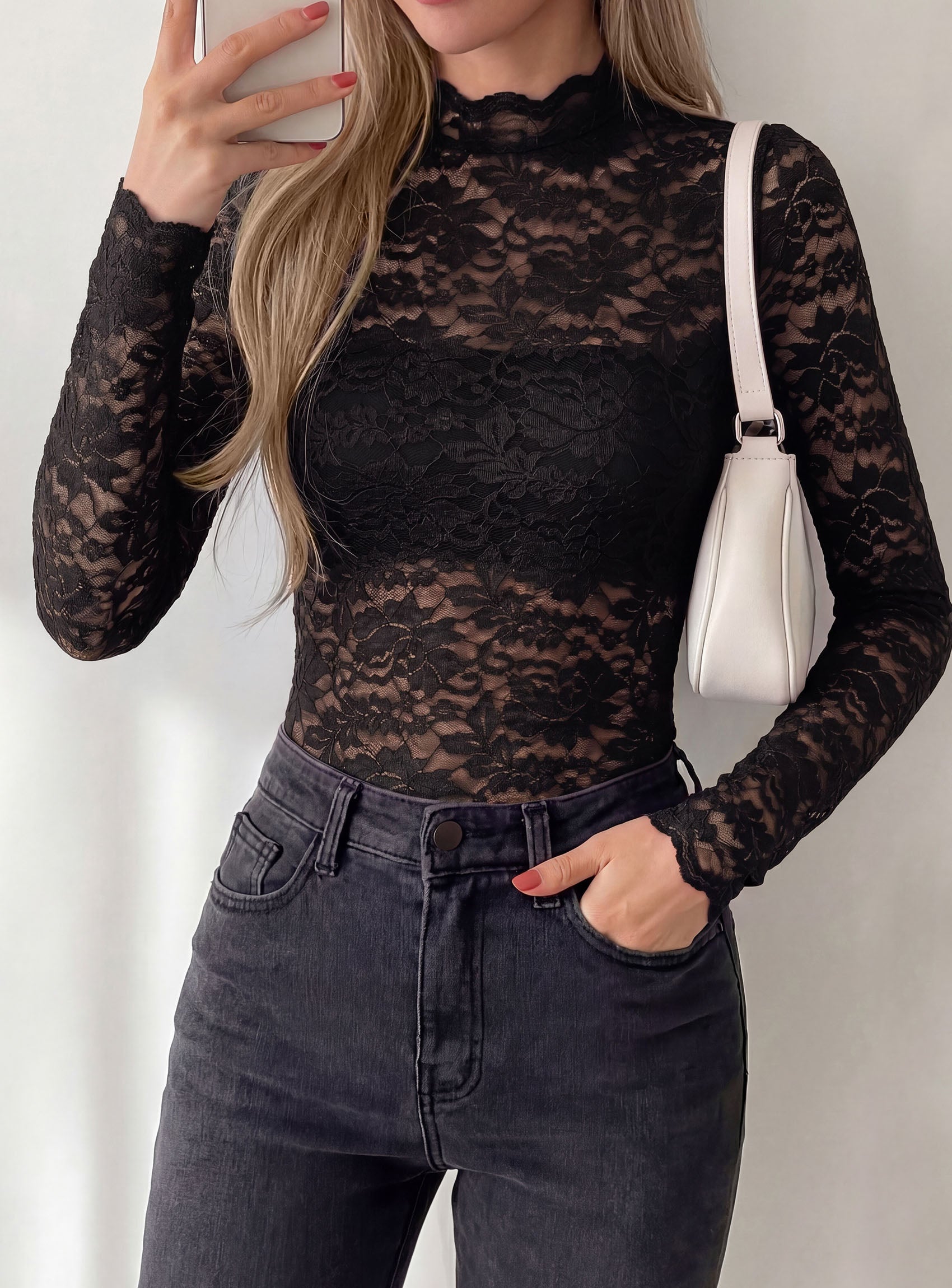 PRETTYGARDEN Womens Lace Long Sleeve Top Mesh Sheer Blouses Mock Neck See Through Slim Fitted Tops 2026 Fall Fashion Clothes