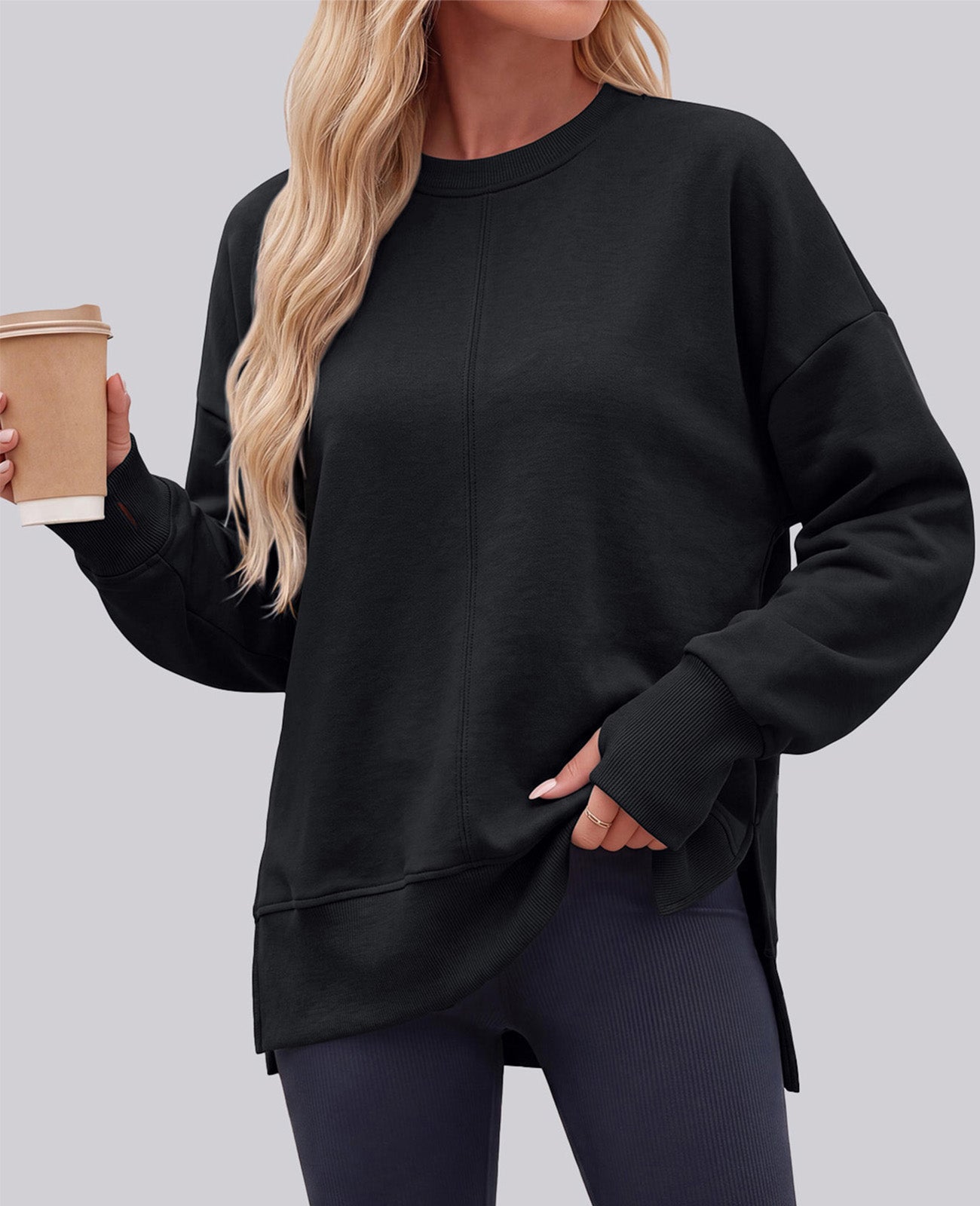 PRETTYGARDEN Womens Long Sleeve Loose Crewneck Sweatshirts with Thumb Hole | Soft Cozy Fleece Basic Side Slit Oversized Pullover Tops, Workout Casual Daily Wear, Y2k 2026 Fashion Fall Winter Clothing