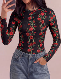 PRETTYGARDEN Womens Long Sleeve Shirts Floral Y2K Tops | Soft Lightweight Ribbed Knit Top,Fitted Waist,Crew Neck Slim Fit,Going Out Vacation Outfits,Layering Fall Winter Clothes