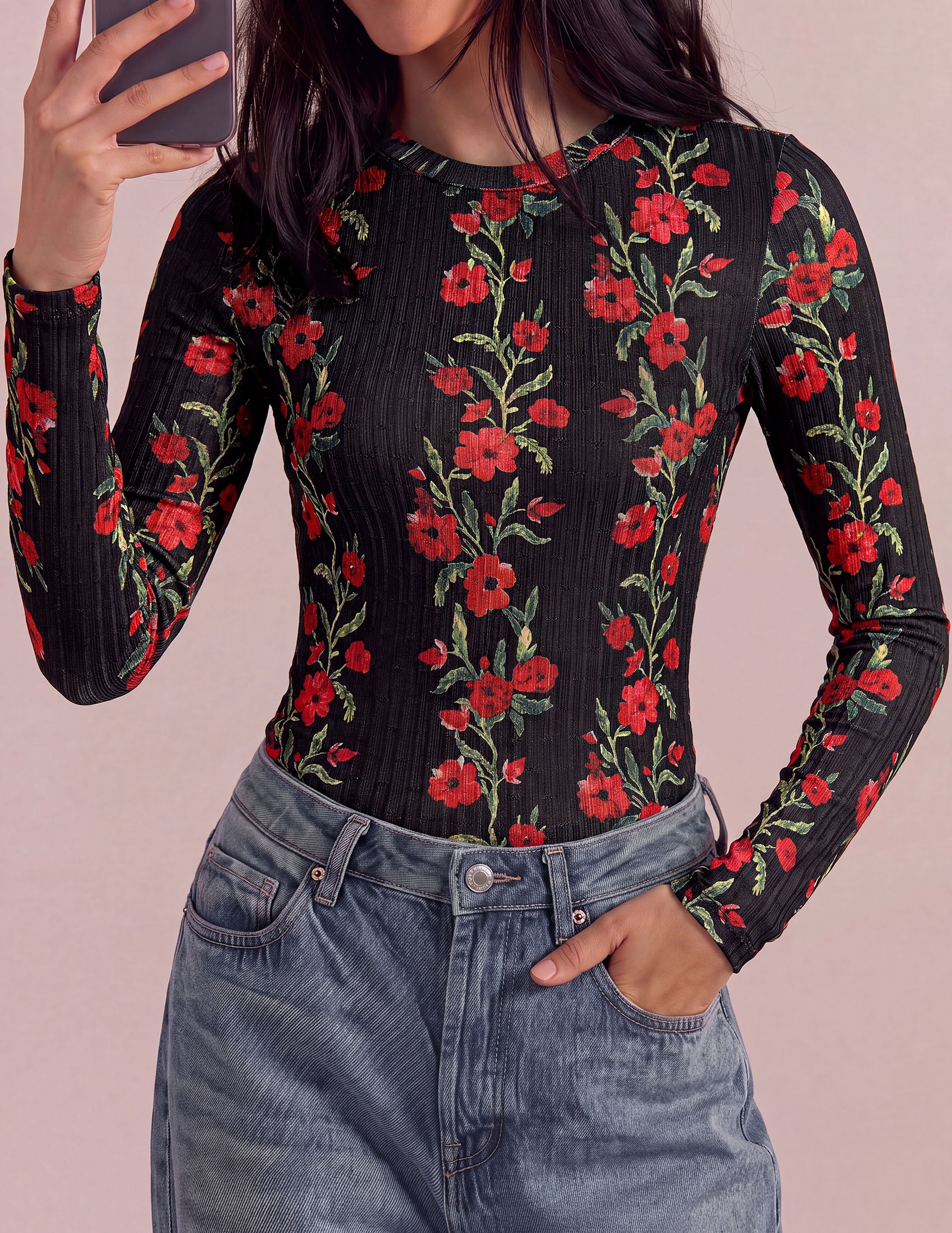 PRETTYGARDEN Womens Long Sleeve Shirts Floral Y2K Tops | Soft Lightweight Ribbed Knit Top,Fitted Waist,Crew Neck Slim Fit,Going Out Vacation Outfits,Layering Fall Winter Clothes