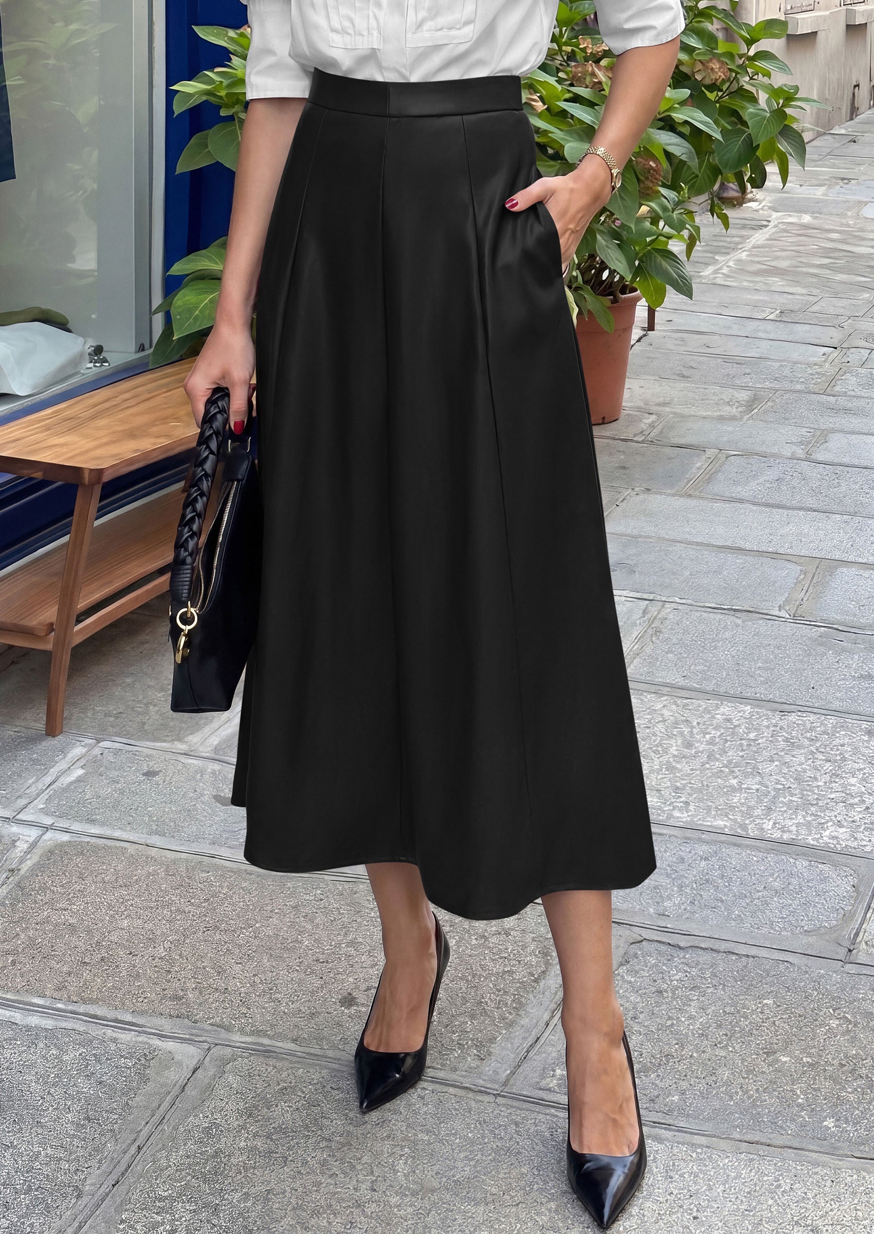 PRETTYGARDEN Womens Faux Leather High Waisted Midi Skirt | Flowy A Line Pleated Skirts, Elegant Swing Flared, Work Business Casual Outfits, Fall Winter Fashion Clothes