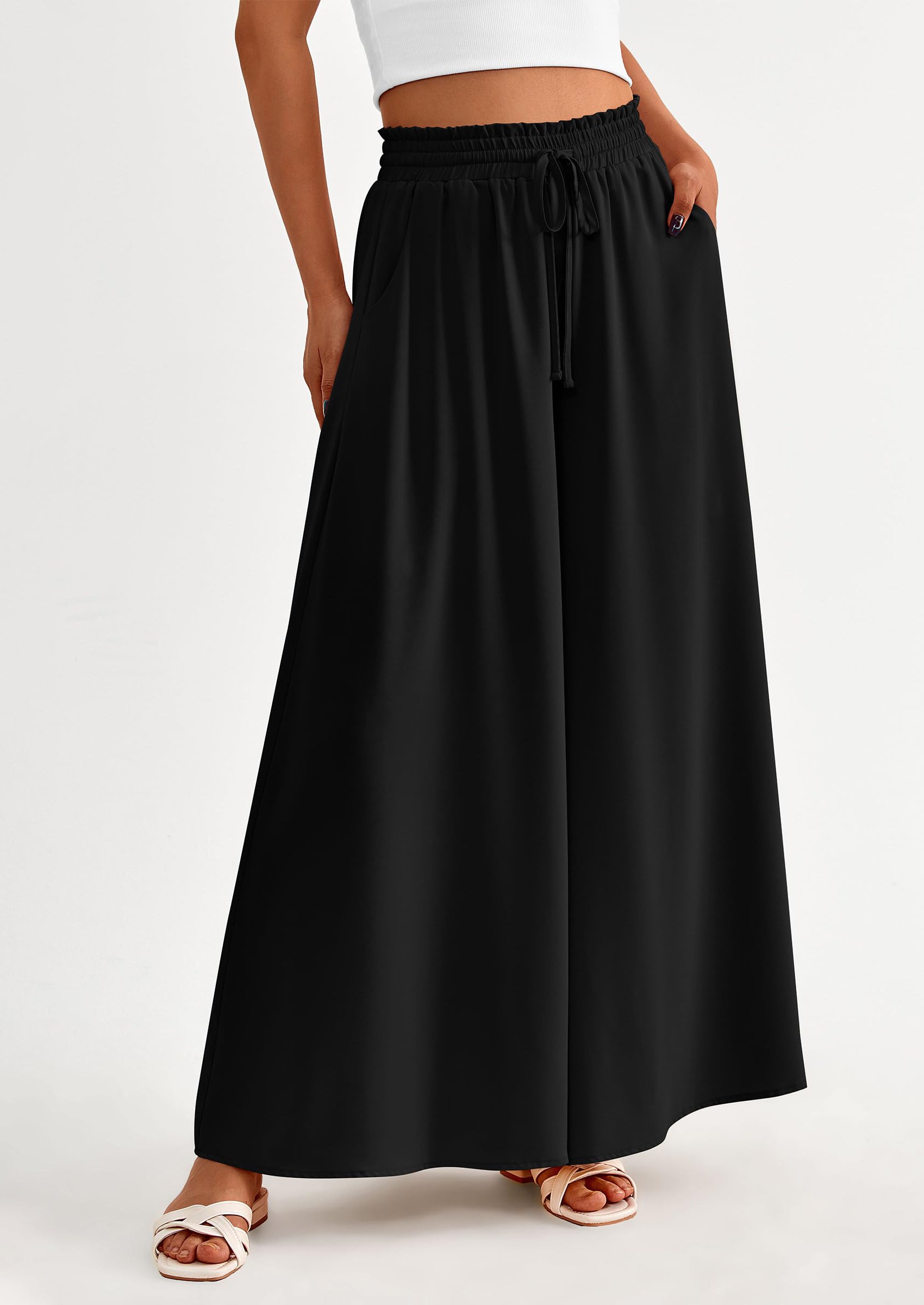 PRETTYGARDEN Women's Summer Wide Leg Palazzo Pants High Waisted Flowy Pockets Trendy Casual Lounge Boho Beach Trousers