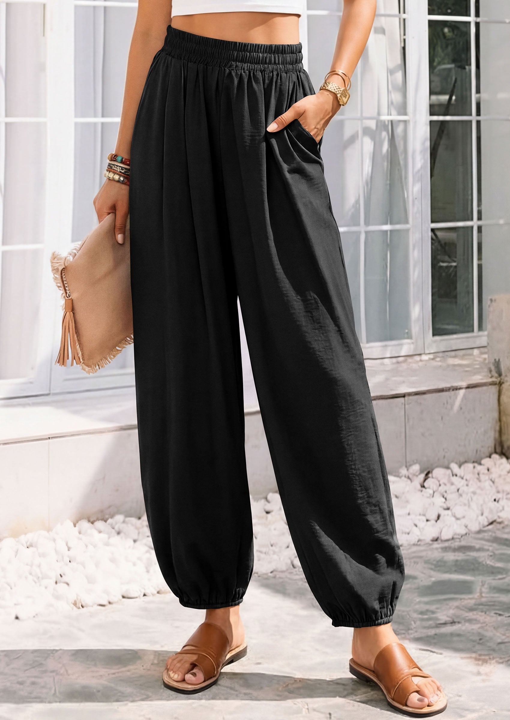 PRETTYGARDEN Womens 2026 Summer Casual Pants High Waisted Loose Wide Leg Palazzo Pockets Lounge Beach Travel Trousers Outfits