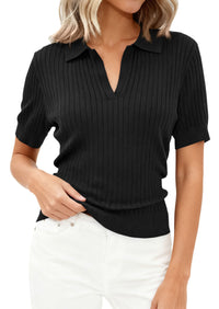 PRETTYGARDEN Women's Short Sleeve Sweater 2026 Spring Polo Shirts Ribbed Knit V Neck Business Casual Tops Summer Work Clothes PRETTYGARDEN