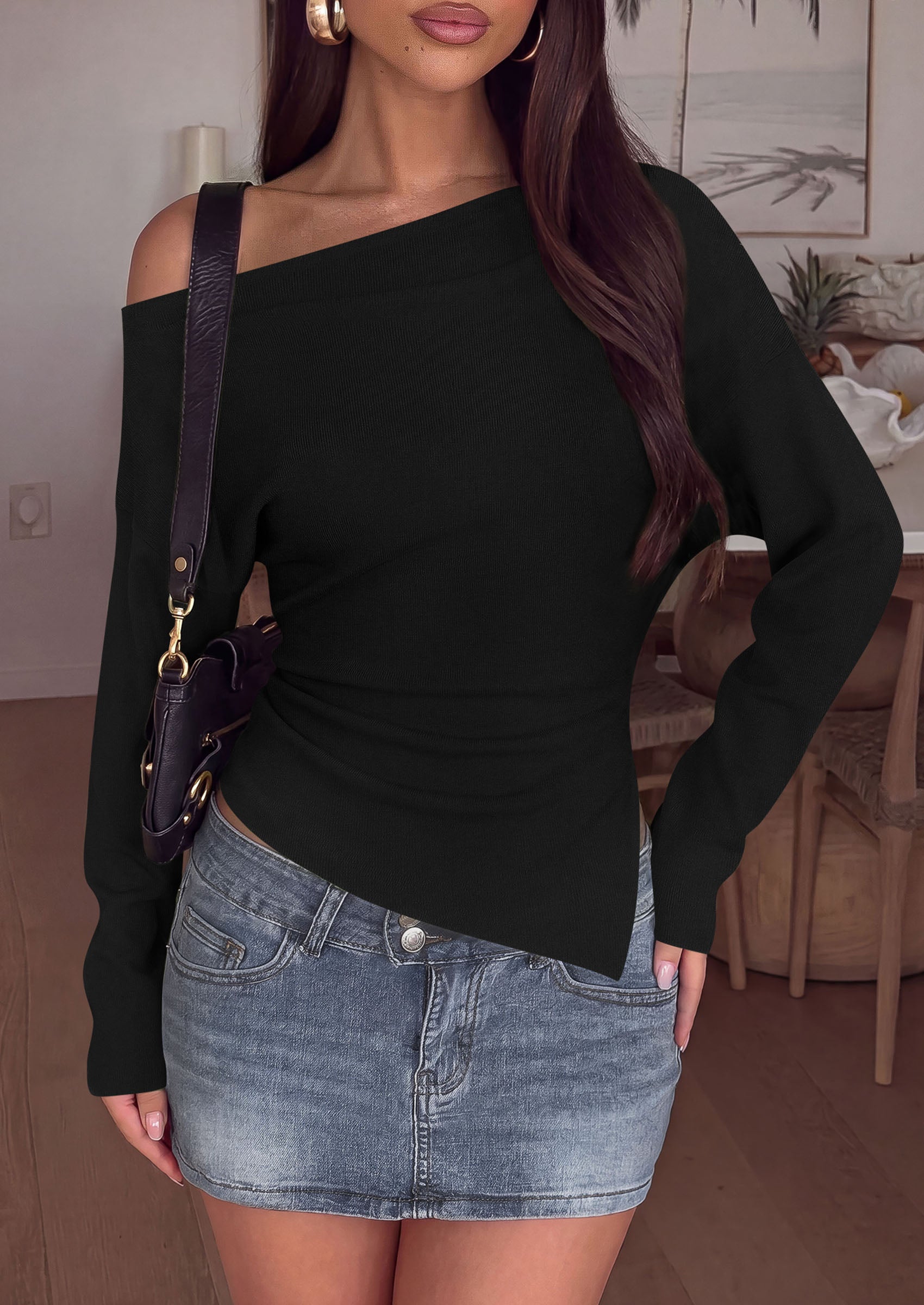 PRETTYGARDEN Womens Fall Long Sleeve Off Shoulder Sweater  Soft Knit Fabric, Fashion Batwing Sleeve, Chic Asymmetrical Hem, Casual Going Out Sweater, 2026 Trendy Winter Clothes