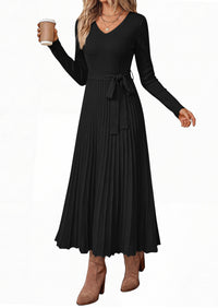 PRETTYGARDEN Womens Fall Maxi Long Sleeve Sweater Dress  Soft Stretchy Knit, V Neck A Line Dresses with Bow, Flowy Pleated Hem, Cocktail Party Outfits, Trendy Winter Clothes